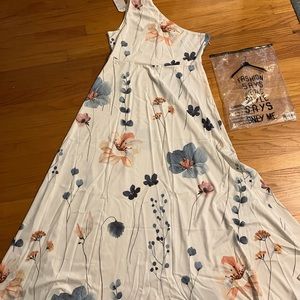 White with flowers long dress with one shoulder style.